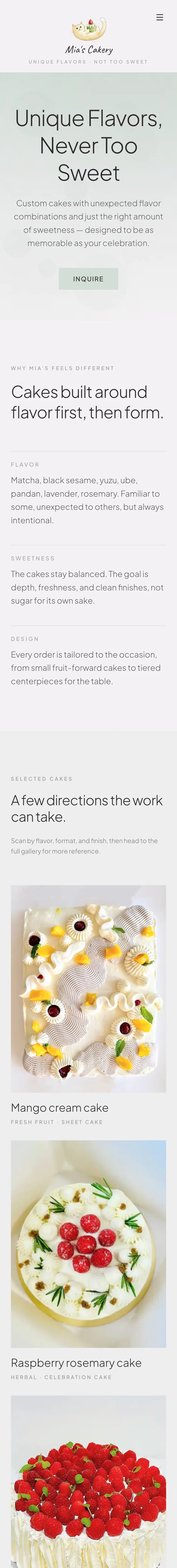 Mia's Cakery full mobile website preview